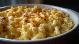 A bubbling dish of baked mac and cheese with a golden crust.