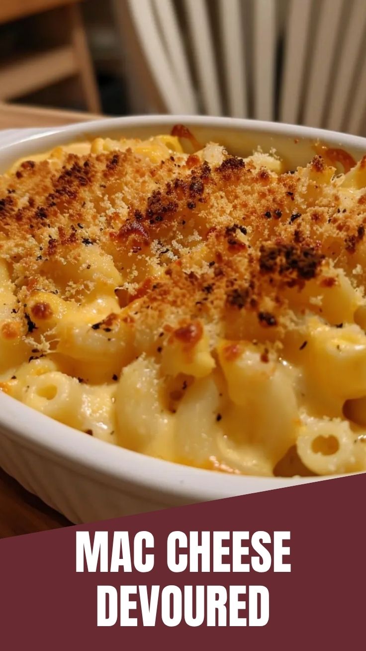 A close-up of a bubbling, golden-brown baked mac and cheese casserole, fresh from the oven.