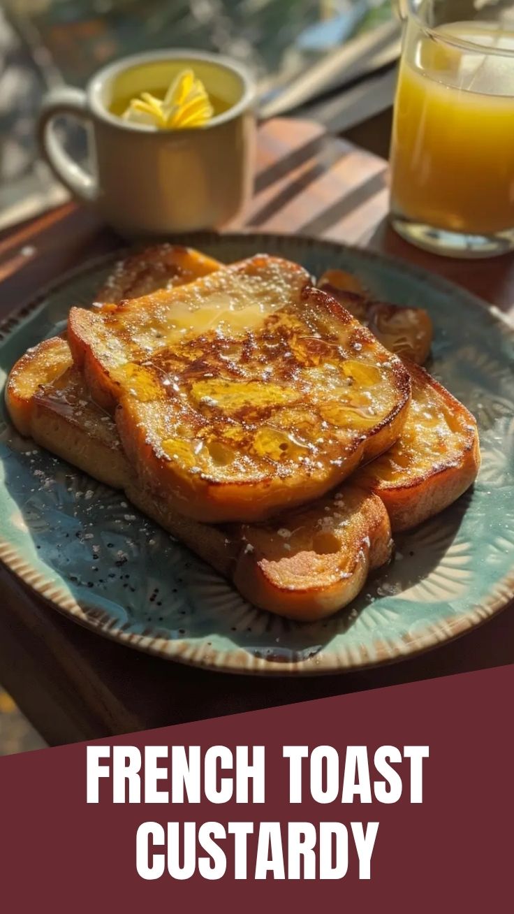 A stack of golden french toast drizzled with syrup and topped with berries.