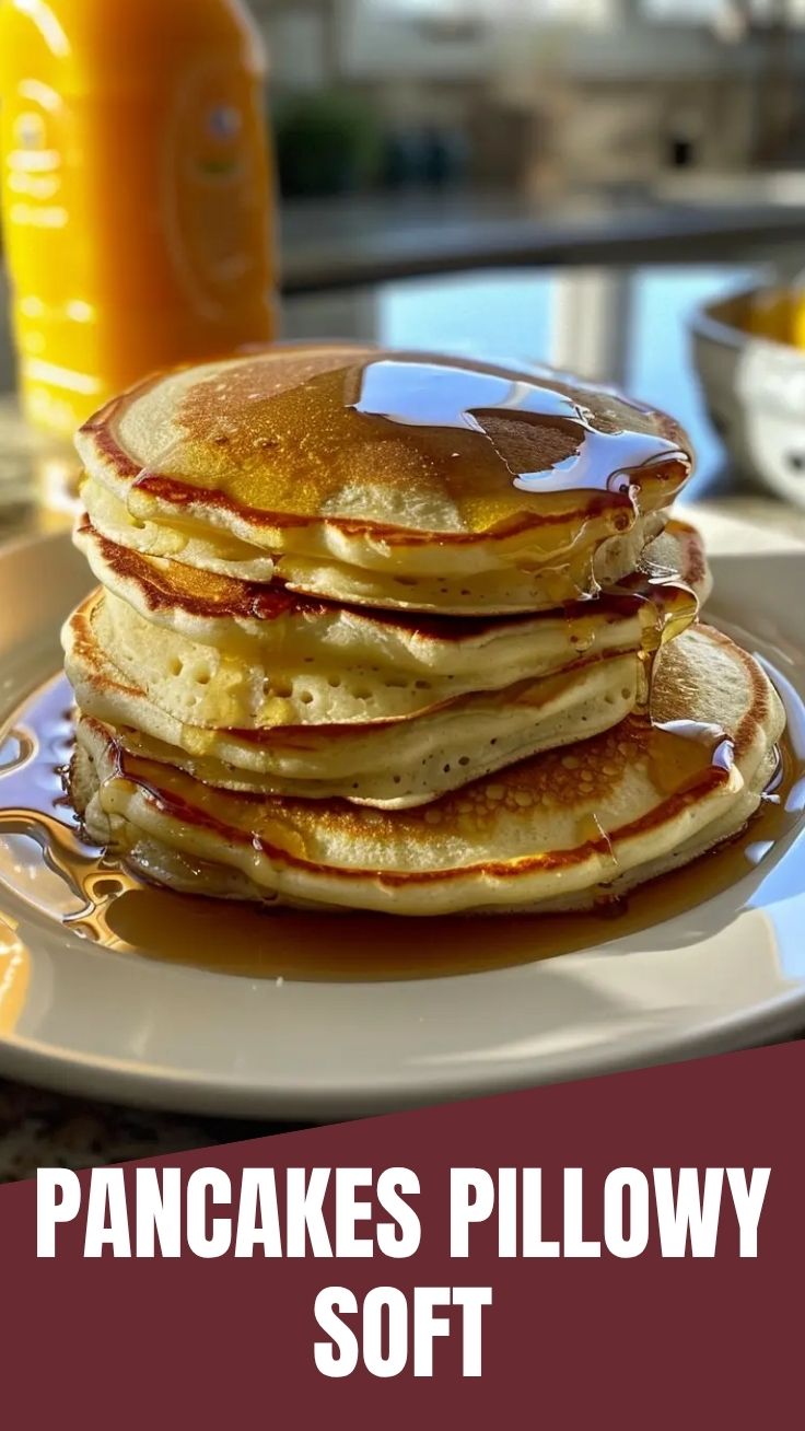 A stack of perfectly golden fluffy pancakes drizzled with syrup.