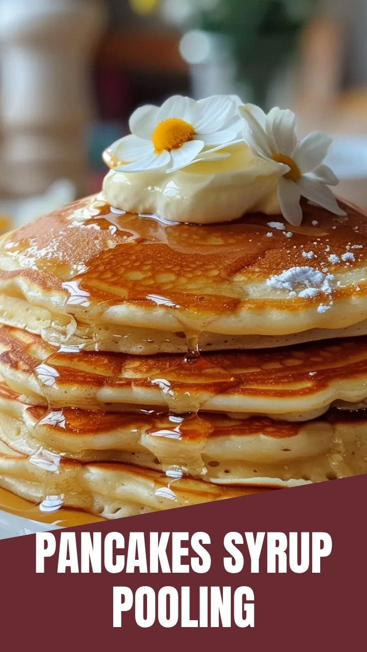 A stack of fluffy pancakes drizzled with syrup and berries on a white plate.