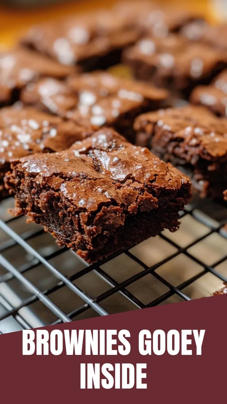 A close-up of rich, dark fudgy brownies with a crinkly top