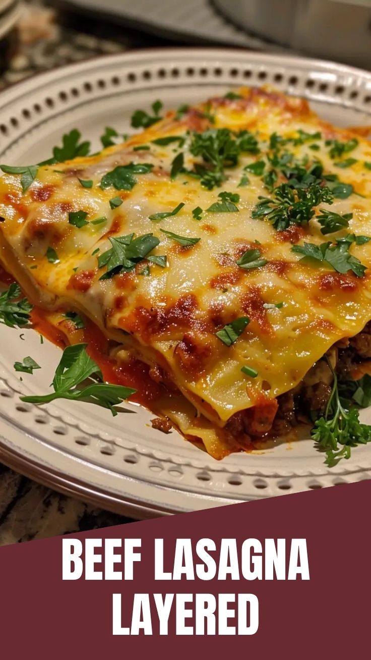 A serving of savory beef lasagna with melted cheese and sauce