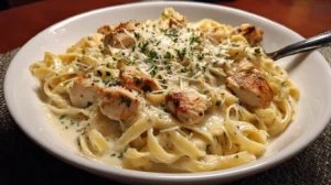 A bowl of chicken alfredo with tender chicken pieces and creamy sauce.
