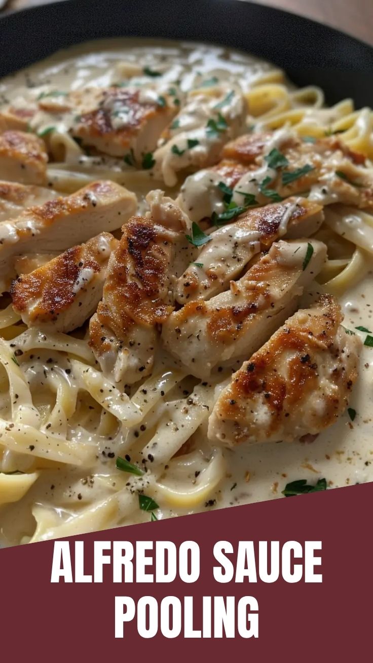 A bowl of chicken alfredo with tender chicken pieces and creamy sauce.