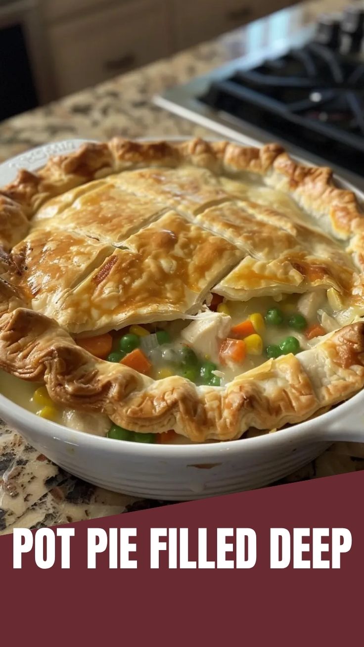 A golden-crusted chicken pot pie fresh from the oven
