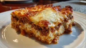 A freshly baked lasagna with bubbling cheese and rich tomato sauce