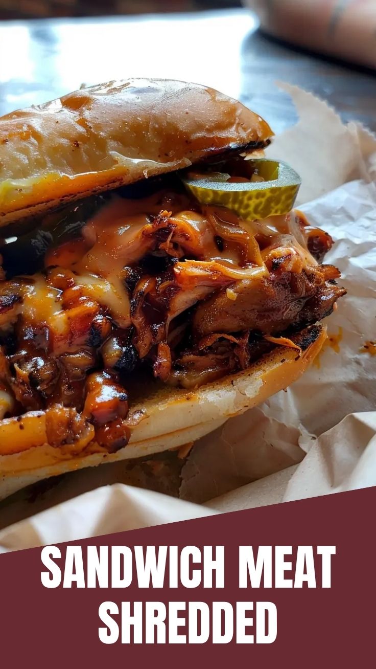 A close-up of a savory pulled sandwich overflowing with tender meat and toppings.