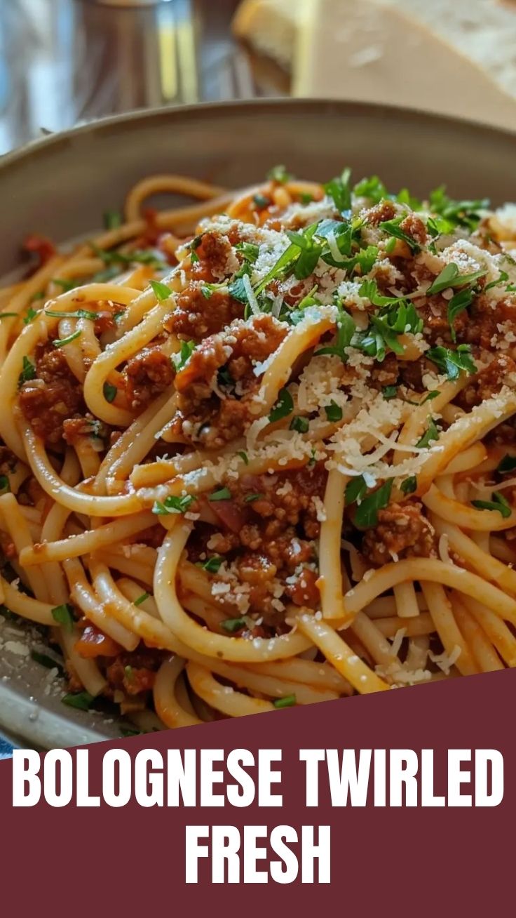 A steaming bowl of Spaghetti Bolognese garnished with fresh herbs.