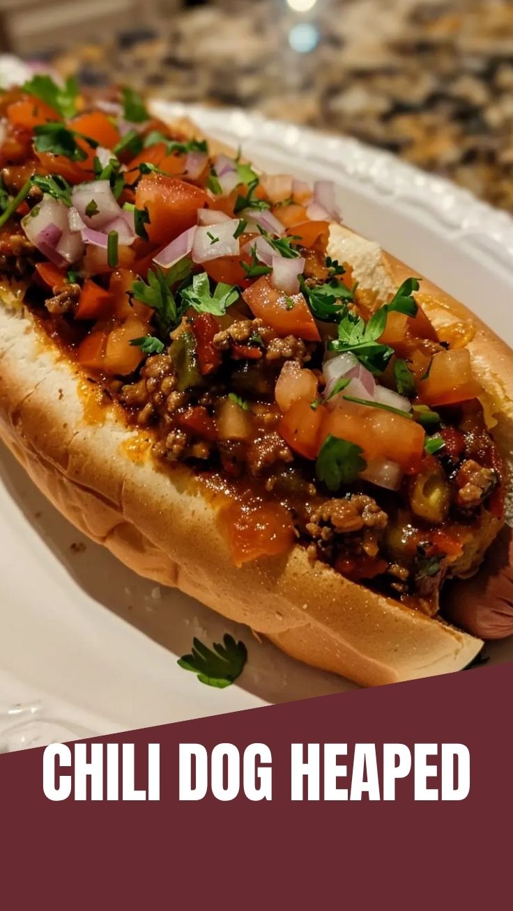 A classic chili dog loaded with toppings and rich sauce