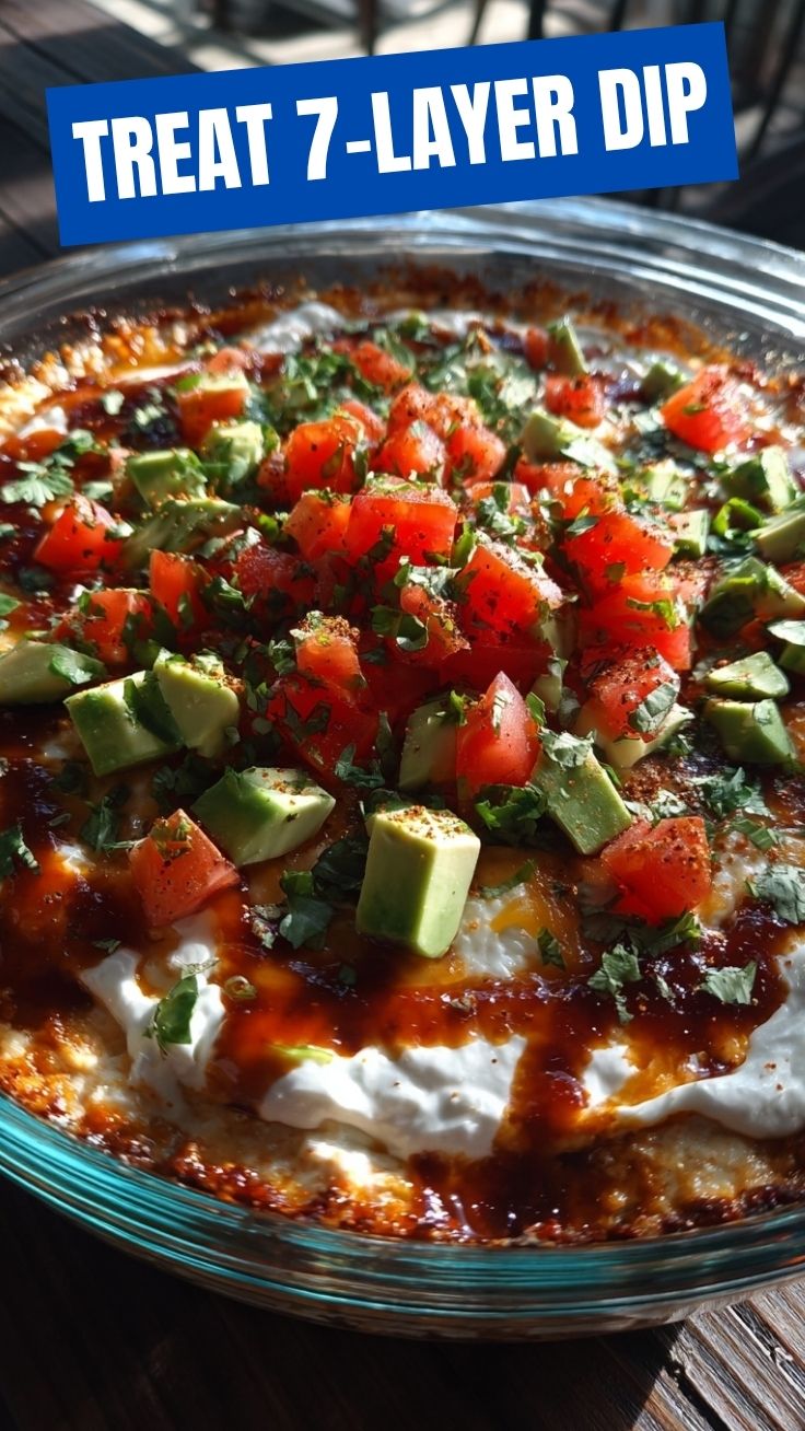 A vibrant 7-layer dip prepared in a clear glass dish, showing all colorful layers.