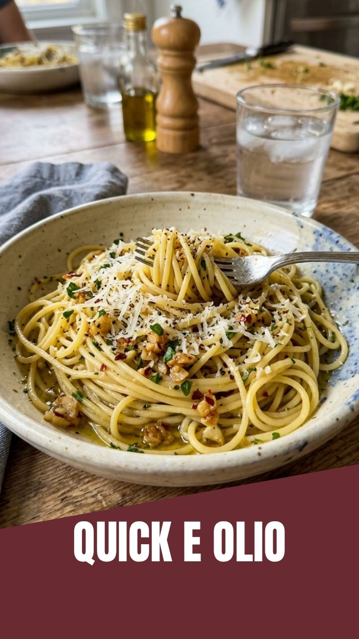A close-up of freshly prepared Aglio e Olio with garlic and chili flakes.