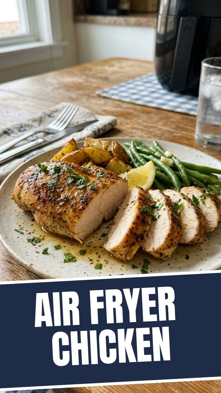 A perfectly cooked air fryer chicken breast with a golden-brown crust