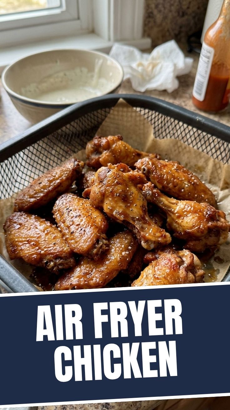 Crispy air fryer chicken wings on a plate with dipping sauce