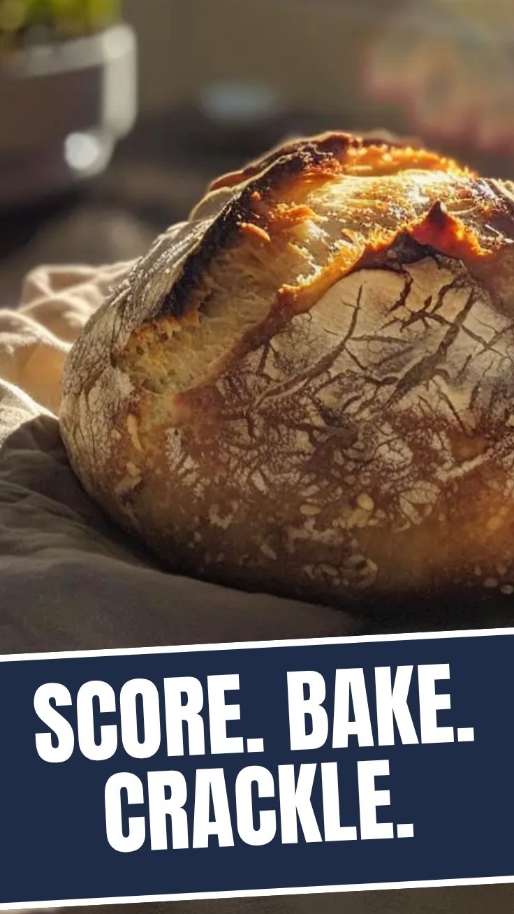 A close-up of a freshly baked sourdough bread with a crispy crust.