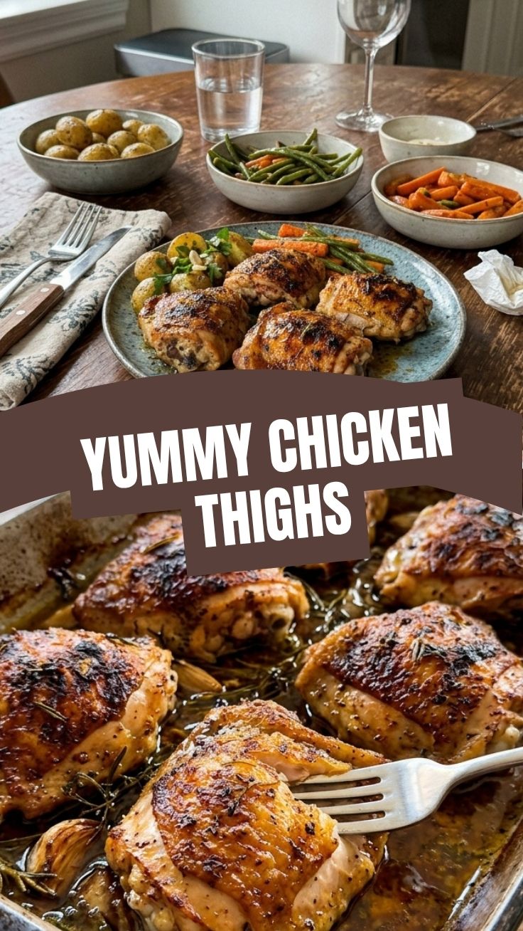 Golden baked chicken thighs on a tray