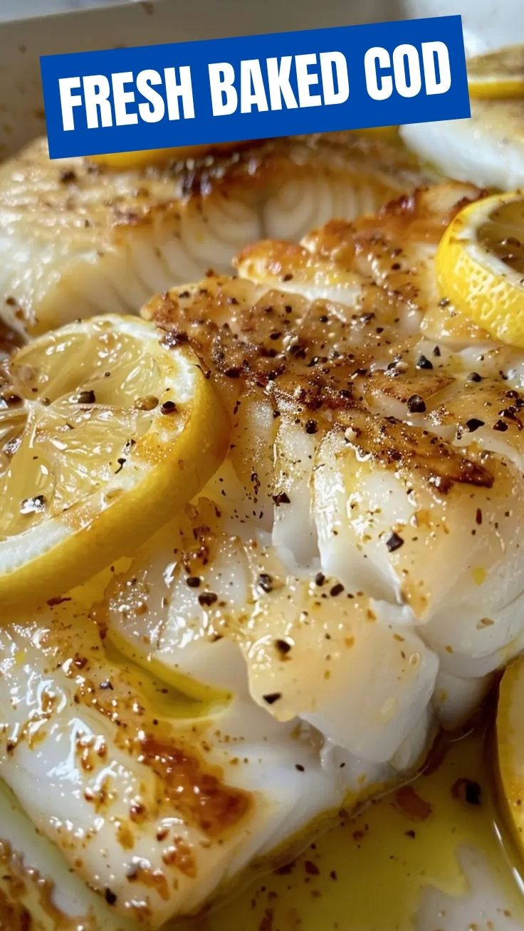 Freshly baked cod with lemon butter sauce drizzled over it.