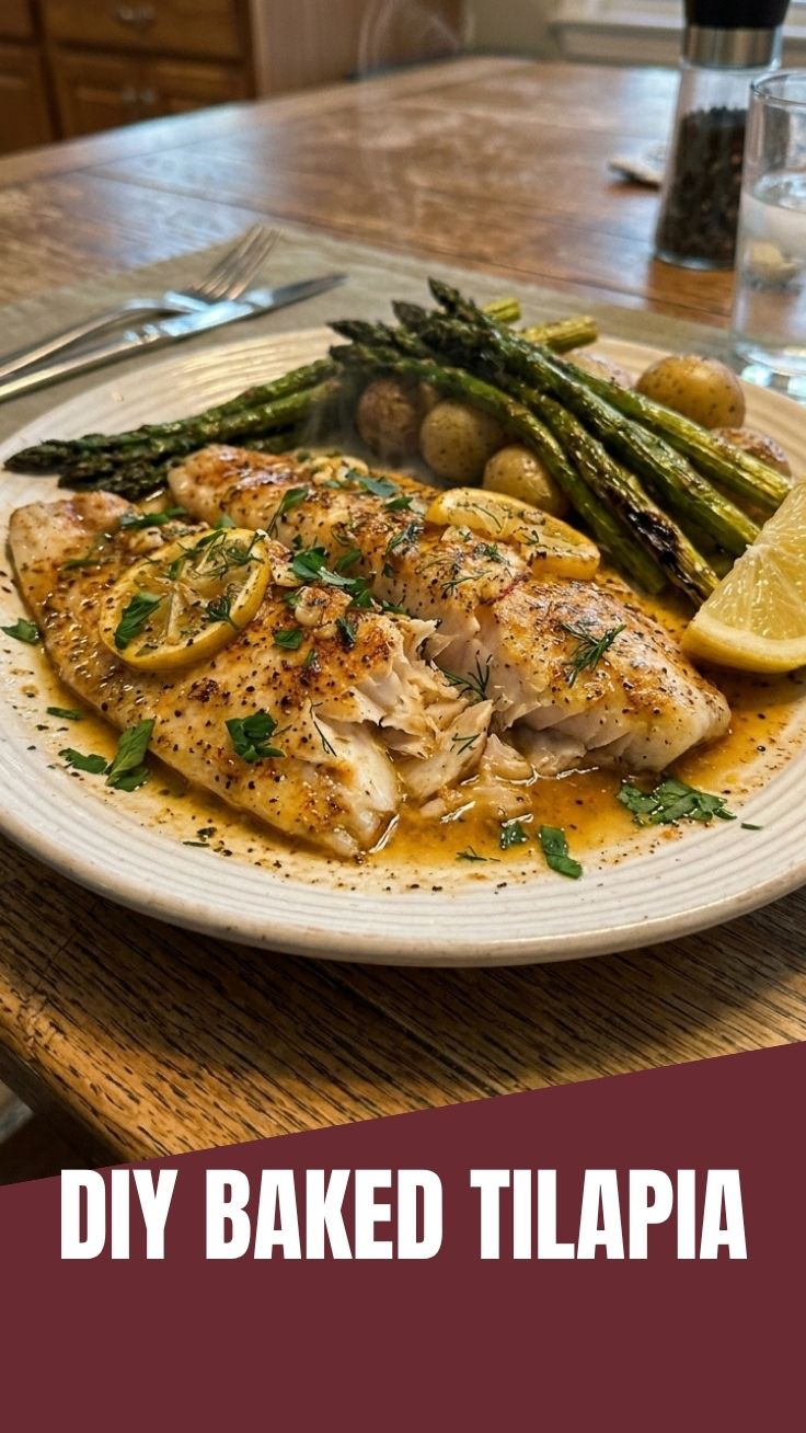 A serving of perfectly baked tilapia seasoned with herbs.
