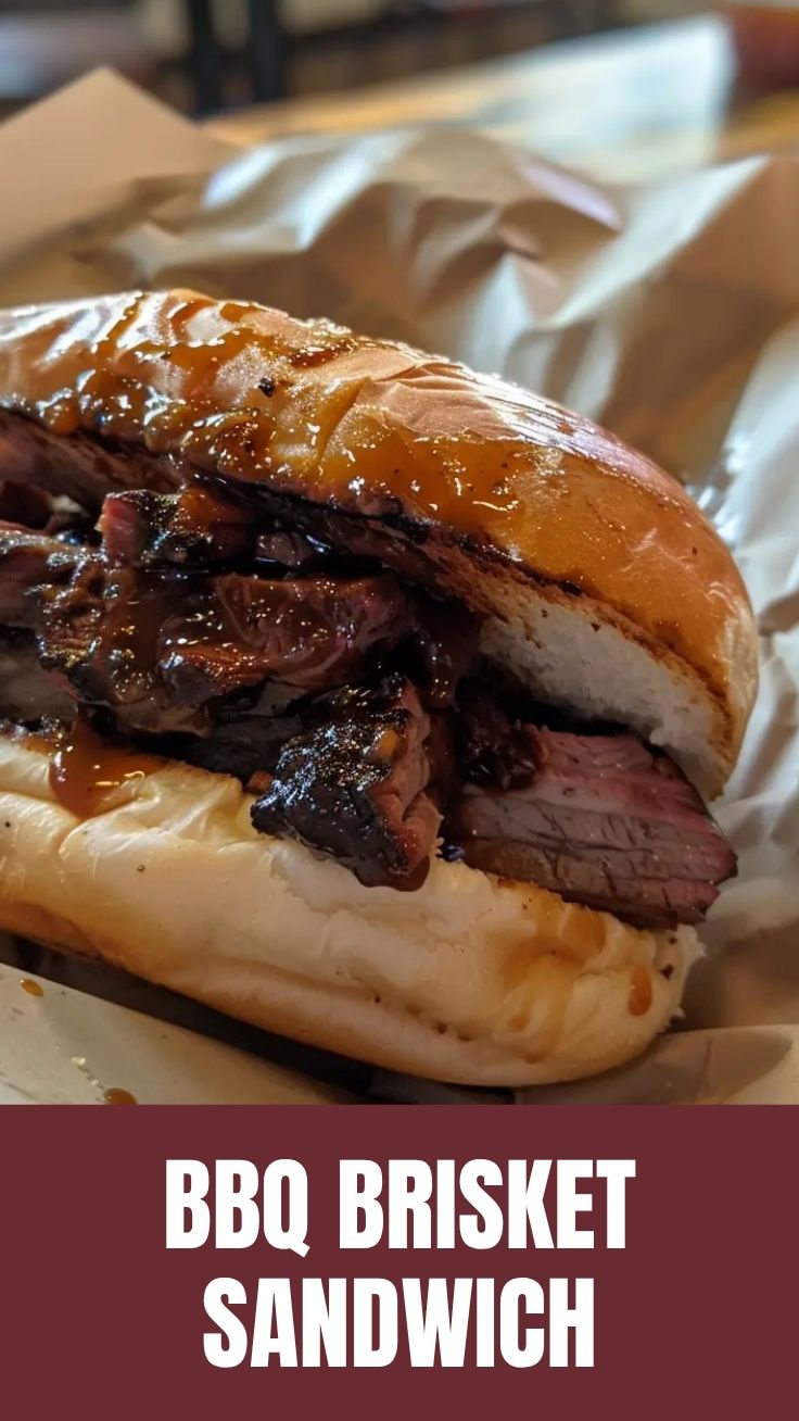 A delicious BBQ brisket sandwich with tender meat and savory sauce