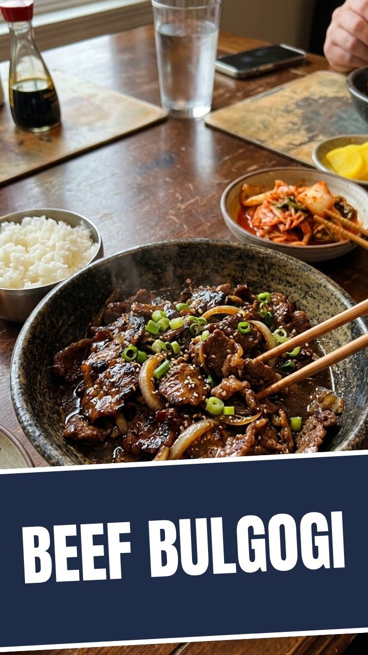 A serving of delicious beef bulgogi with grilled vegetables.