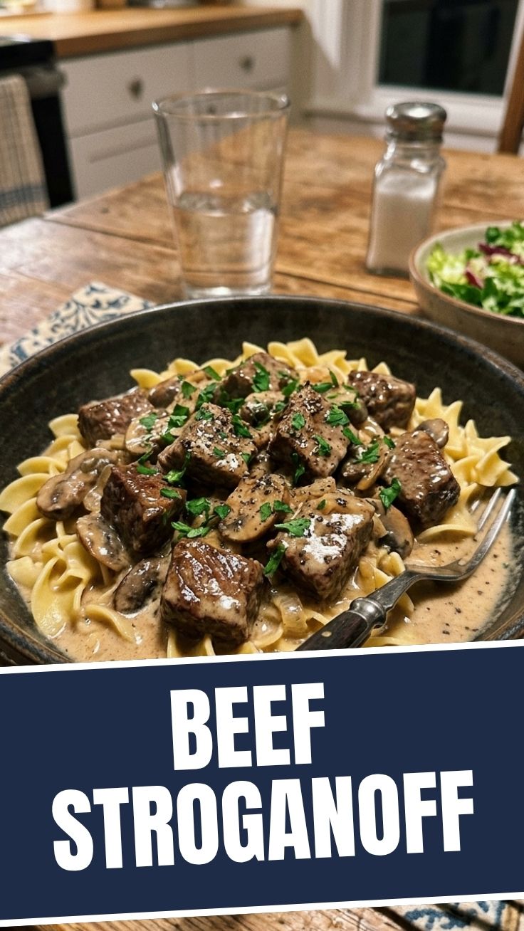 Beef Stroganoff in a skillet