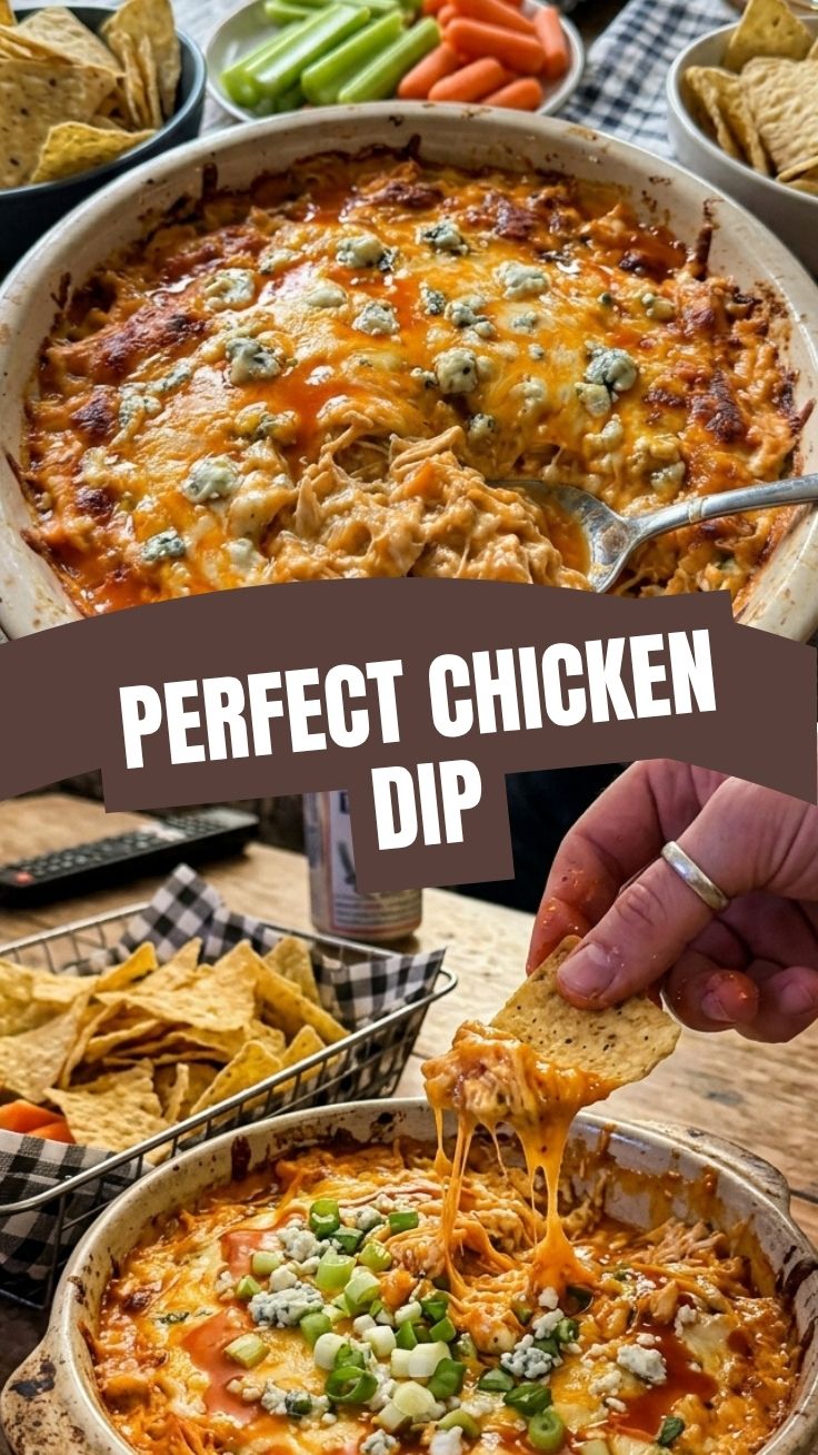 A hot and bubbly Buffalo Chicken Dip served in a ceramic dish.