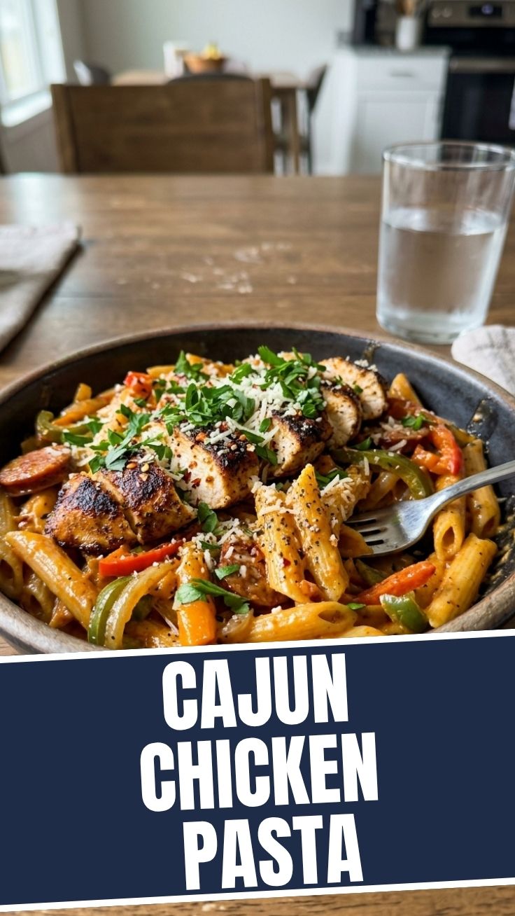 Creamy Cajun Chicken Pasta in a skillet with bell peppers and parsley garnish