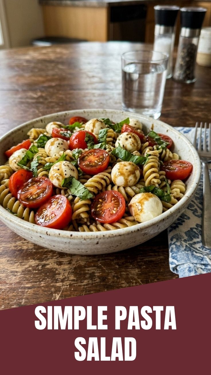 A fresh bowl of Caprese Pasta Salad with tomatoes, basil, and mozzarella