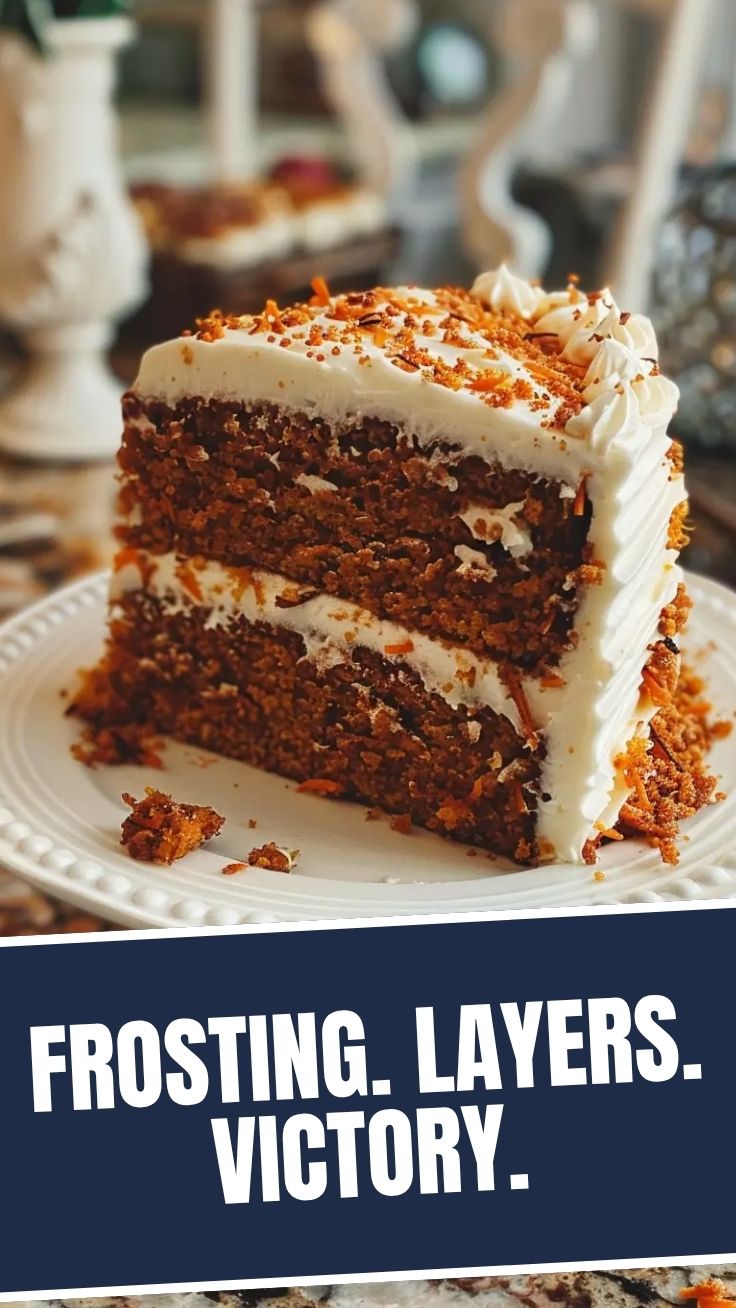 A delicious slice of carrot cake topped with generous cream cheese frosting.