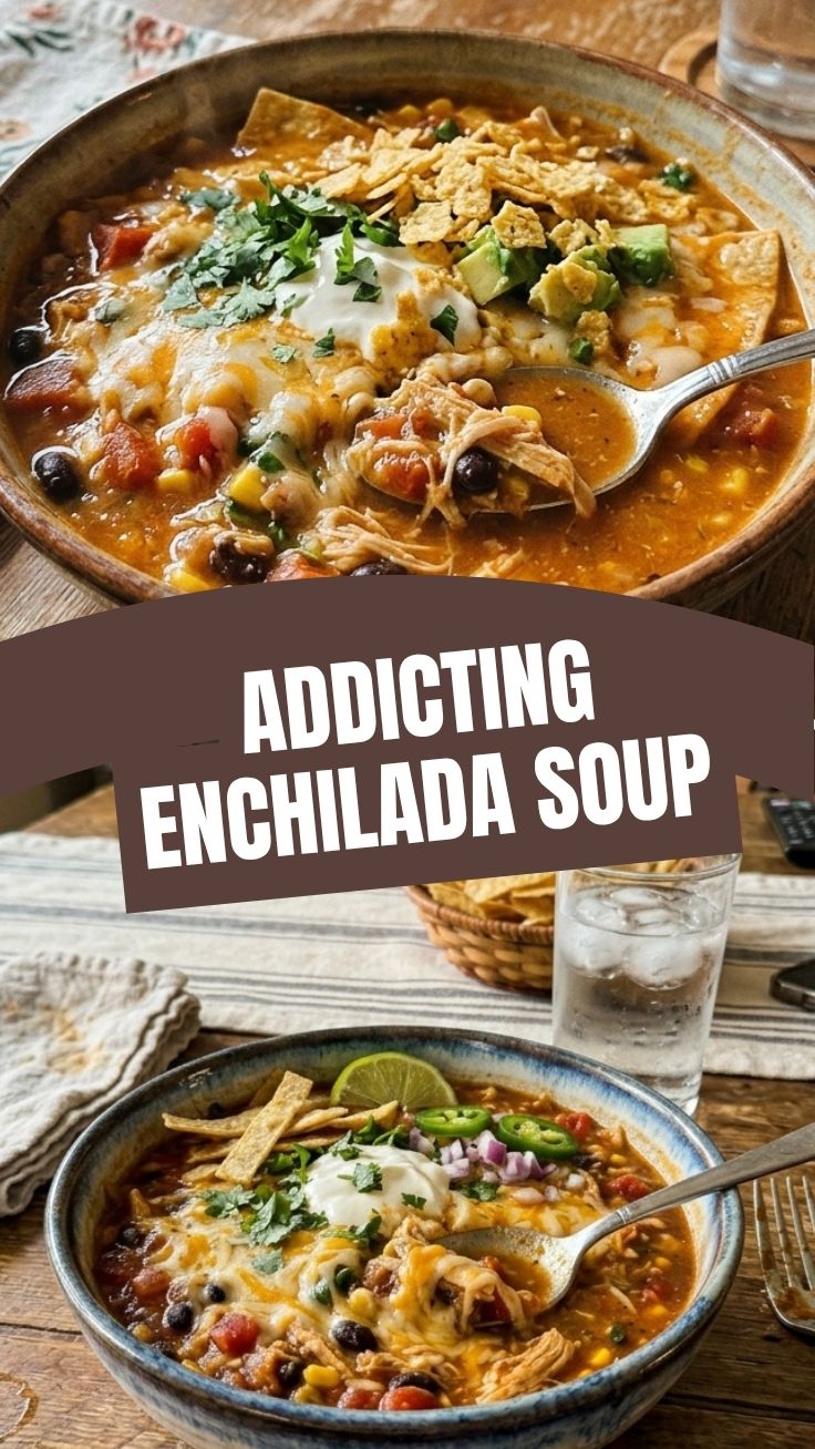 A bowl of savory chicken enchilada soup topped with cheese and cilantro