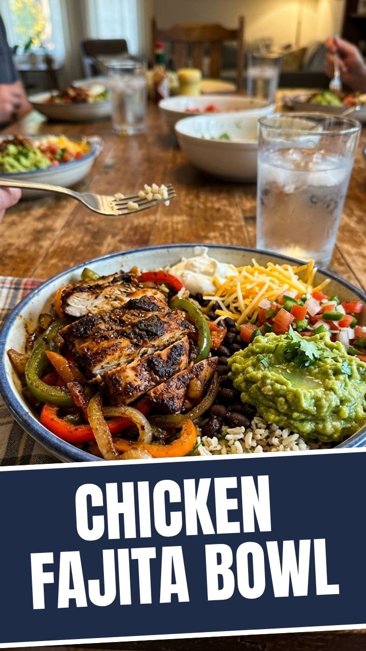 Chicken fajita bowl with grilled peppers and rice