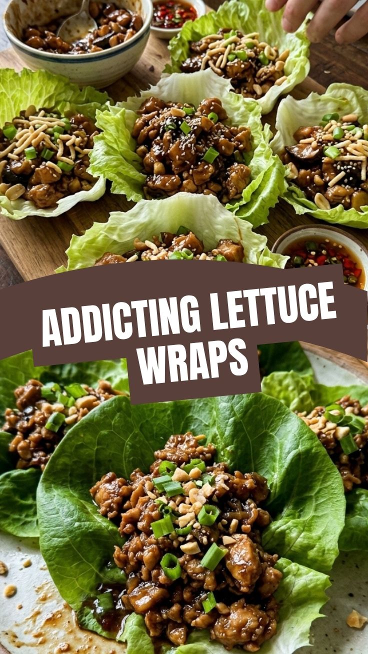 A plate of PF Changs style chicken lettuce wraps with sauce