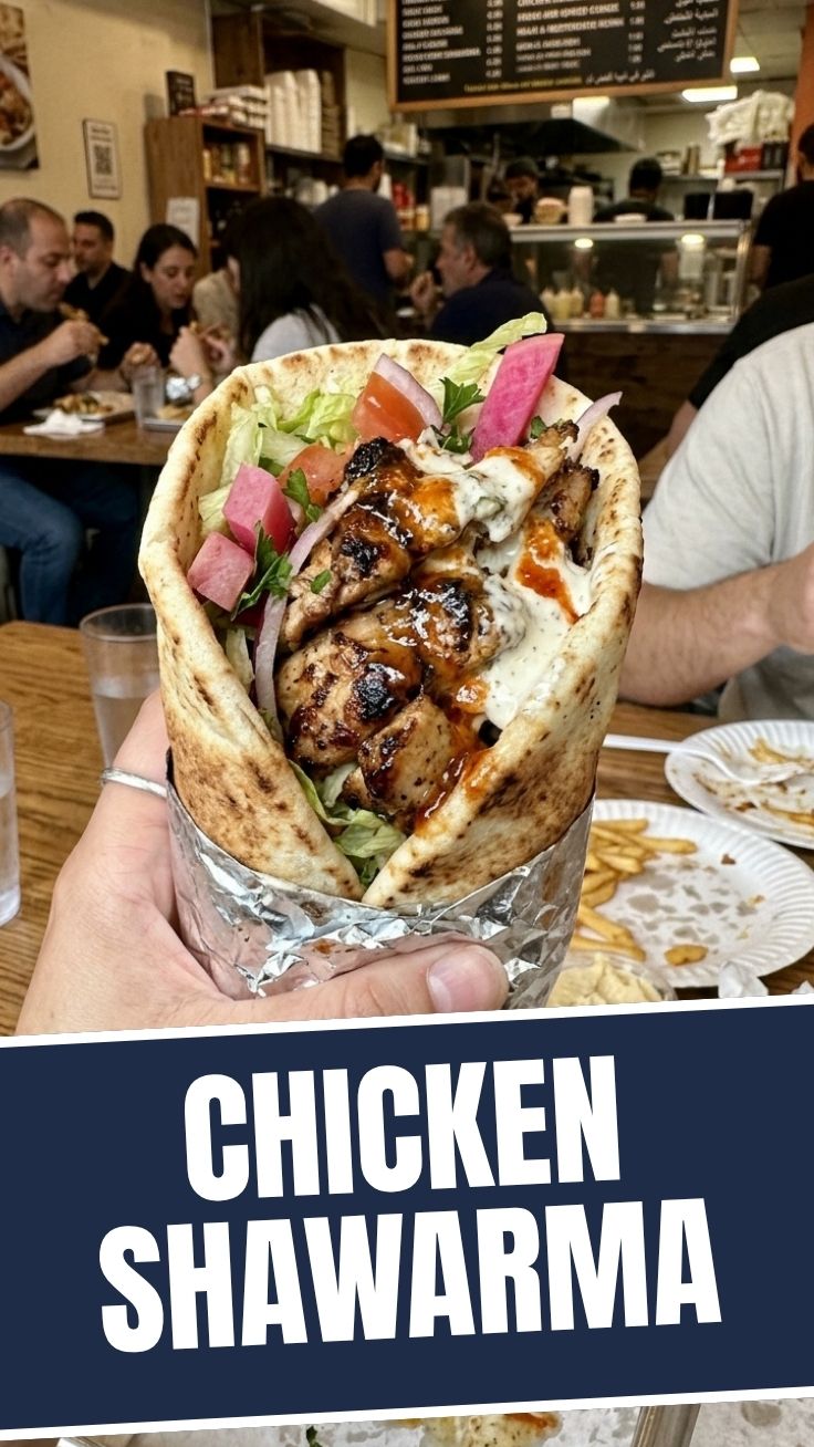 Chicken Shawarma platter with pita and garlic sauce