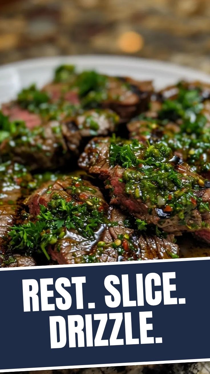 Perfectly cooked chimichurri steak with vibrant green sauce