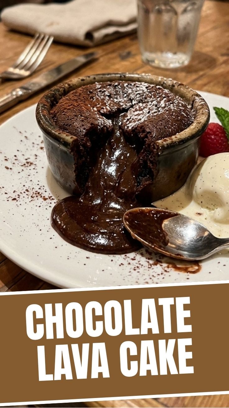A rich chocolate lava cake with a molten center on a white plate