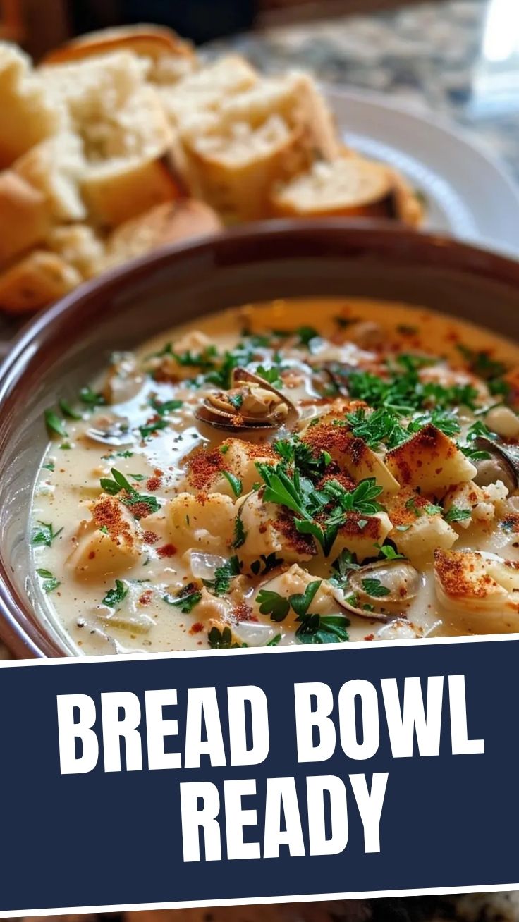 A steaming bowl of New England Clam Chowder with crackers.