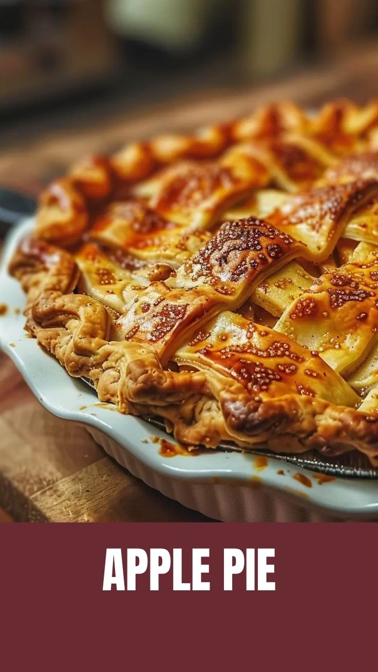 A classic apple pie with a golden, flaky crust on a cooling rack.