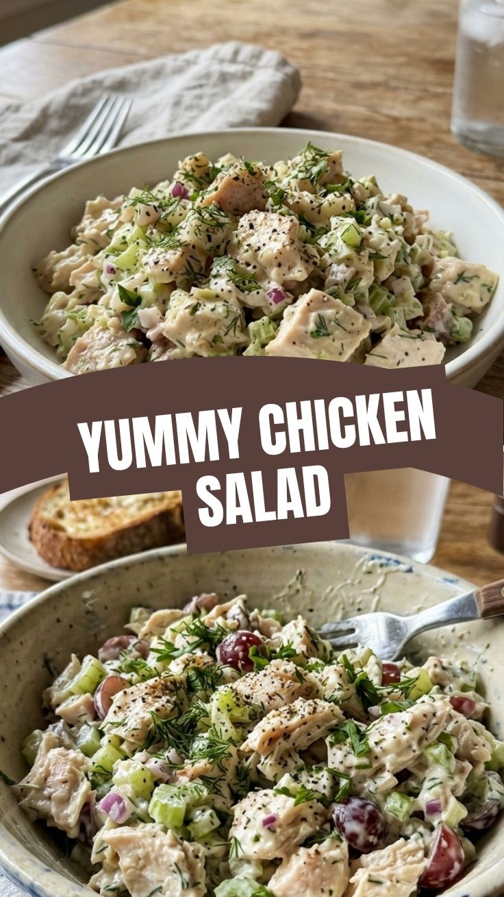 A bowl of classic chicken salad, freshly prepared and inviting.