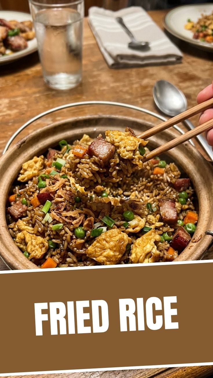 A steaming bowl of classic fried rice with vegetables and egg