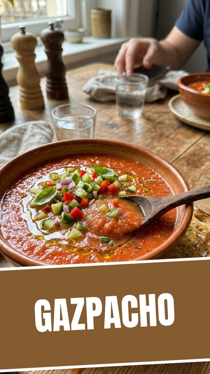 A vibrant bowl of classic gazpacho, perfectly chilled.