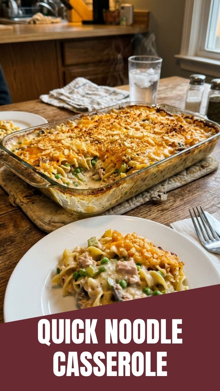 A golden brown and bubbly classic tuna noodle casserole served in a ceramic dish.