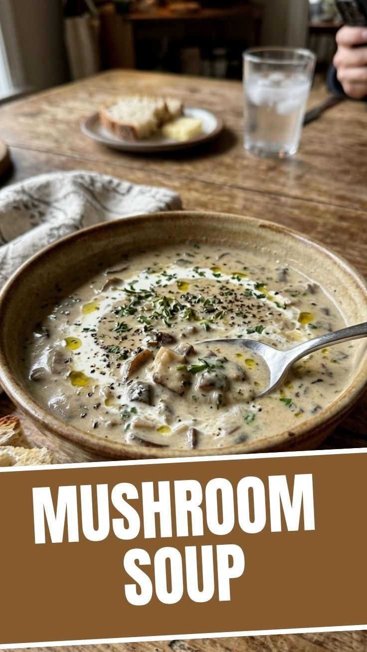 Creamy mushroom soup topped with fresh herbs and cracked pepper