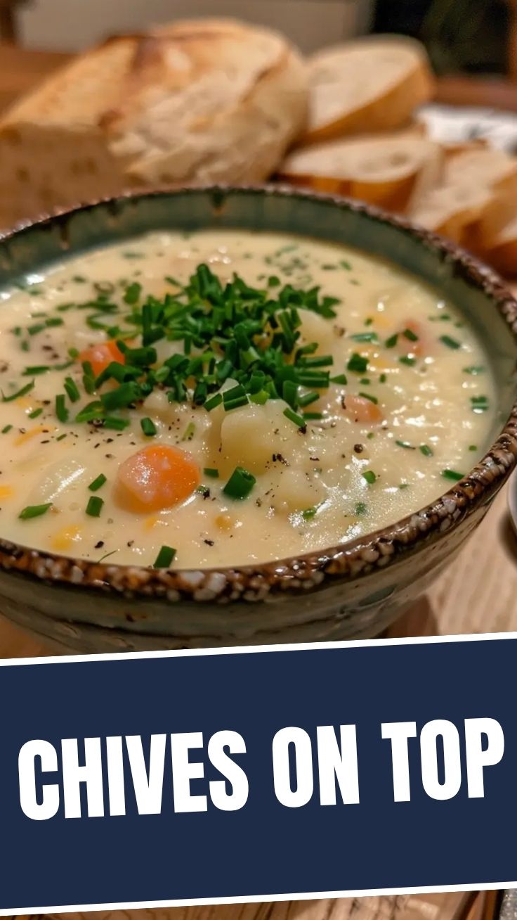 A bowl of rich creamy potato soup with herbs