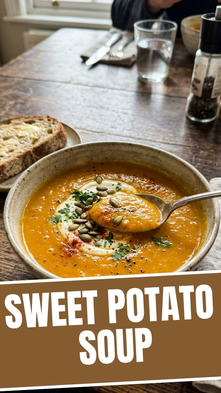 A bowl of creamy sweet potato soup garnished with fresh herbs