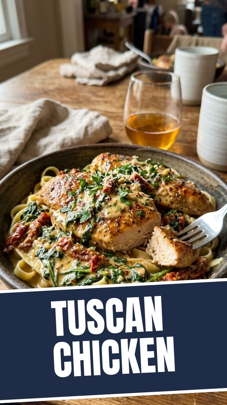 Creamy One Pot Tuscan Chicken with sun-dried tomatoes and spinach in a rich sauce