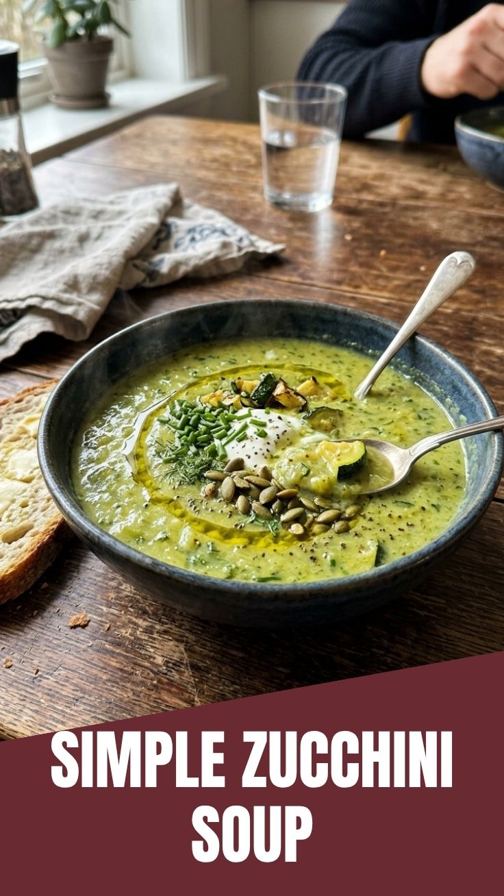 A bowl of creamy zucchini soup garnished with fresh herbs