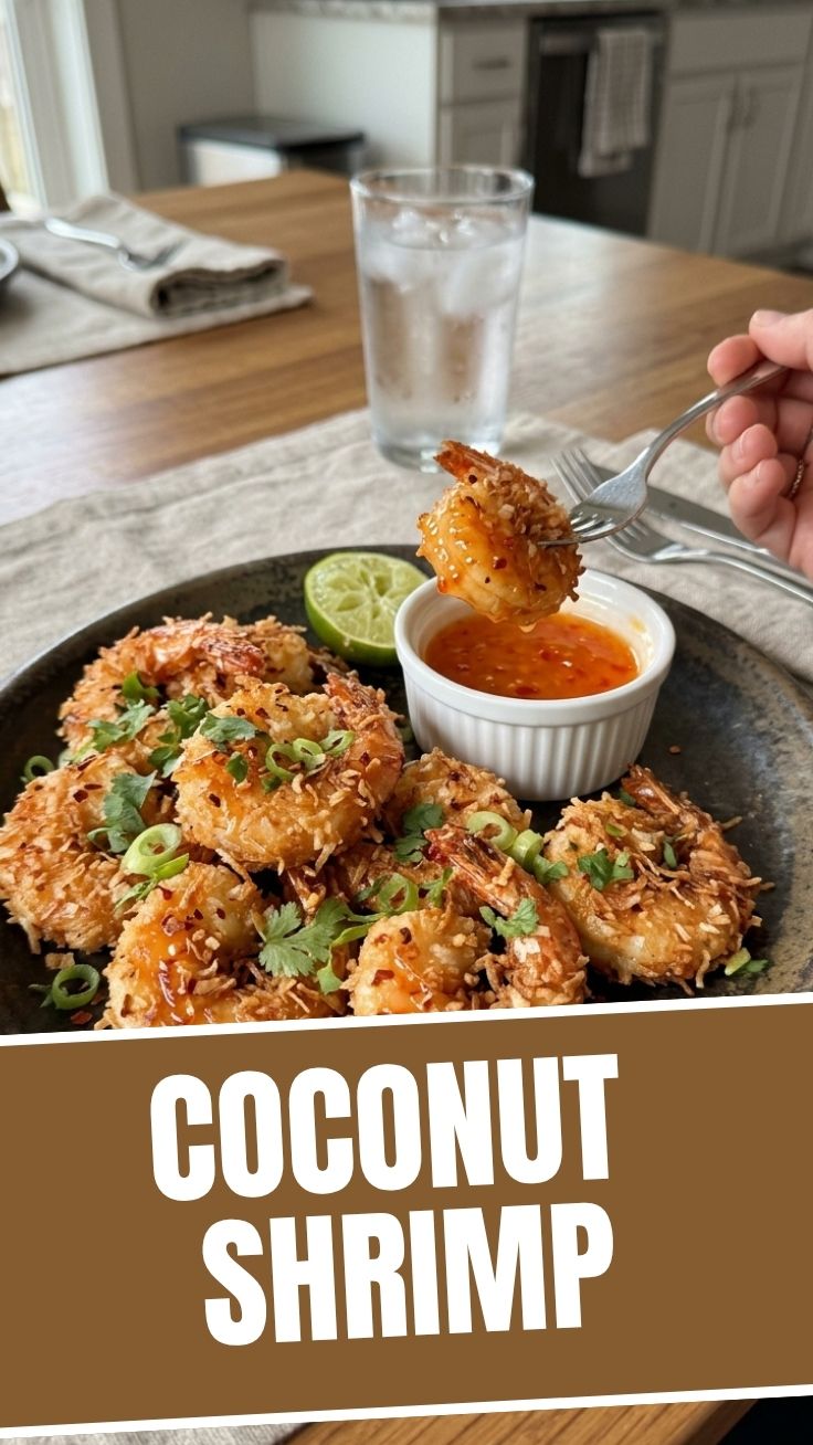 Plate of golden-fried coconut shrimp with dipping sauce