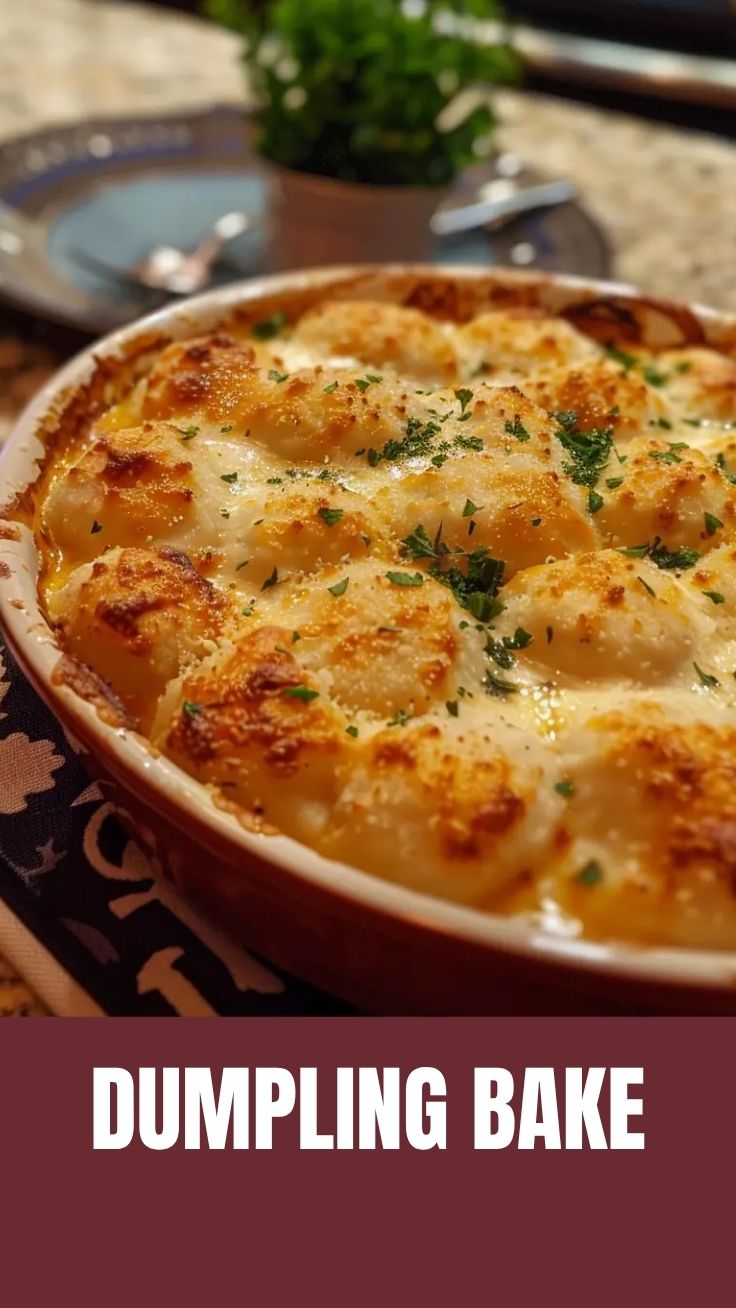 Golden, bubbly dumpling bake in a casserole dish