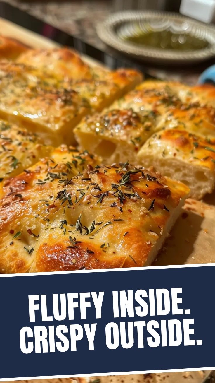 A golden-crusted focaccia bread with herbs and dimples.