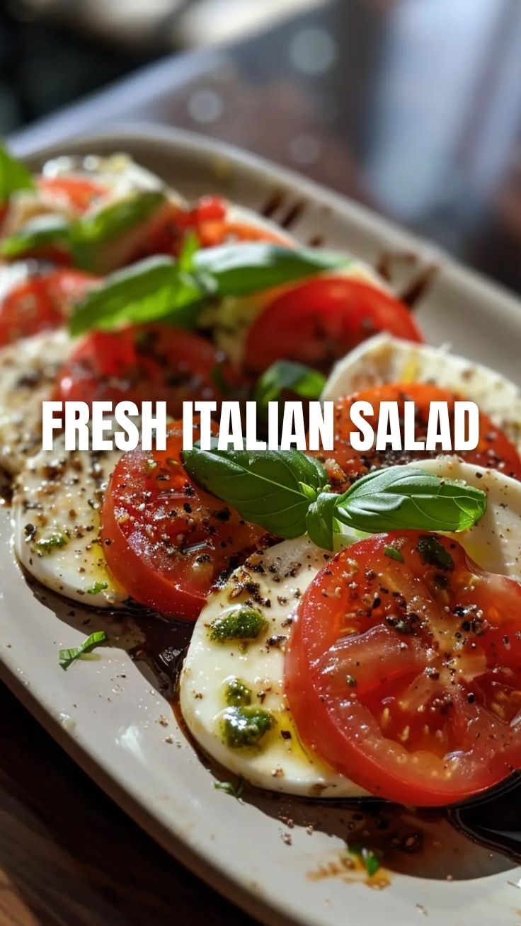 A vibrant Caprese salad featuring fresh mozzarella, ripe tomatoes, and basil leaves